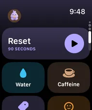 Yasu on Apple Watch: a Reset button, with Water and Caffeine below it.